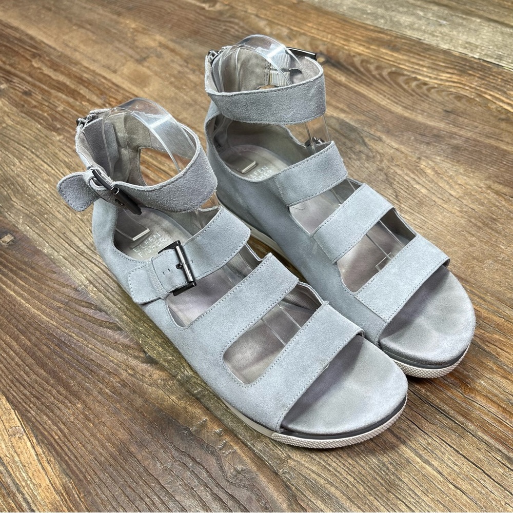 Eileen Fisher ‘Bunch’ Ankle Buckle Sandals Gray Suede Women’s Sz 9.5